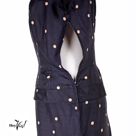 Vintage 50s Fitted Sheath Dress Polka Dot Navy Silk Metal Zip B36 W27 - Hey Viv - Picture 4 of 7
